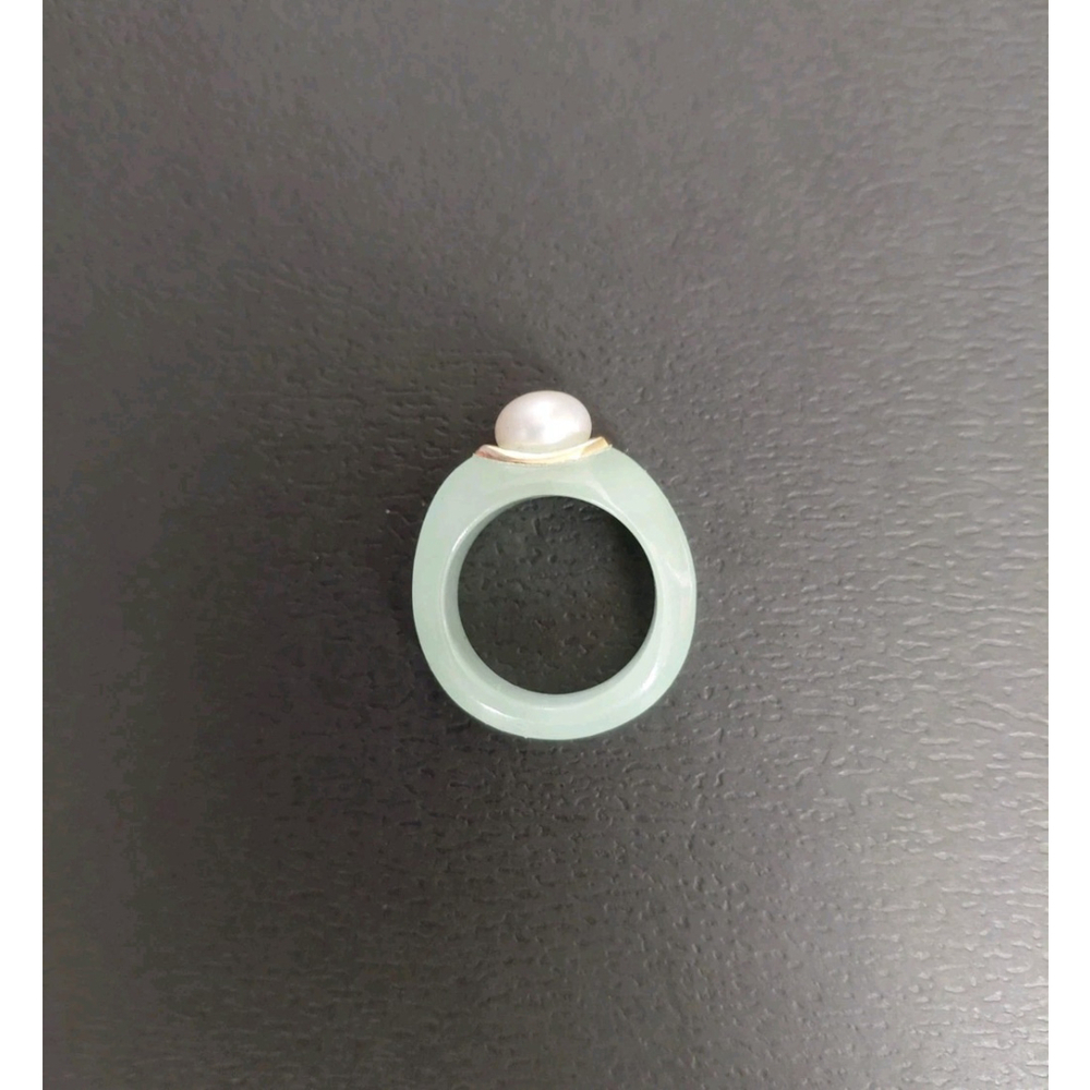 Natural Green Jade Pearl 14k Solid Yellow Gold Accent Ring Size 6 Brand New - Picture 5 of 8